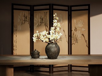 New Chinese Floriculture New Chinese Magnolia Flower-arranging New Chinese Vase Floriculture Zen Floriculture White Magnolia Flower-arranging Branches Chinese Screen Ornaments 3d model