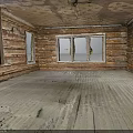Dilapidated Wooden House Interior With Exposed Wooden Walls Wooden Floor Windows And Damaged Ceiling