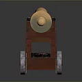 Old Fashioned Brass Cannon On Red Wooden Carriage With Decorative Wheels