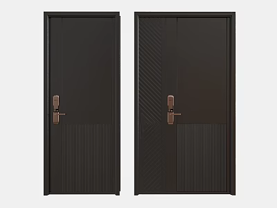 Black Security Doors With Textured Vertical Diagonal Patterns And Brass Handles For Home Safety 3d model