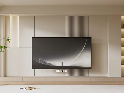 Modern TV Wall Design With Mounted TV White Panels Vertical Stripes And Side Shelves 3d model