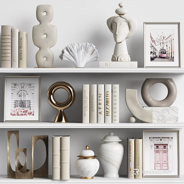 Stylish Modern Bookshelf With Decorative Sculptures Framed Art Books And Ceramic Jar 3d model 