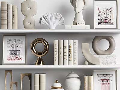 Stylish Modern Bookshelf With Decorative Sculptures Framed Art Books And Ceramic Jar 3d model
