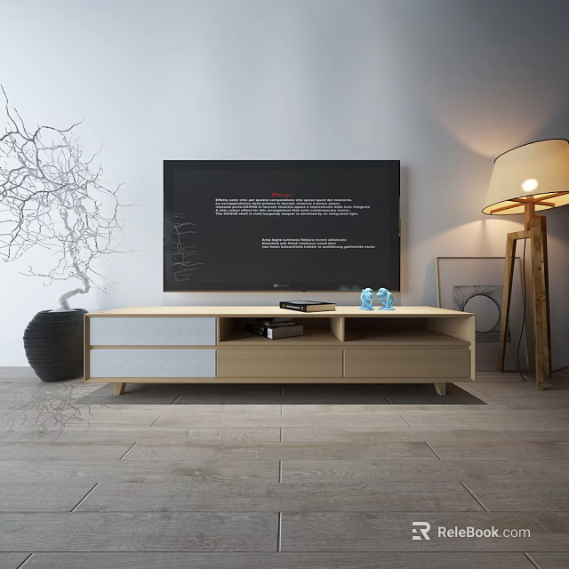 Modern Light Wood TV Stand with White Panels Floor Lamp and Decorative Vase 3d model 