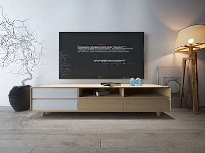 Modern Light Wood TV Stand with White Panels Floor Lamp and Decorative Vase 3d model
