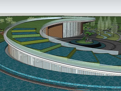 Modern Circular Architectural Design With Green Lawn Water Pool Steps And Trees 3d model