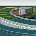 Modern Circular Architectural Design With Green Lawn Water Pool Steps And Trees