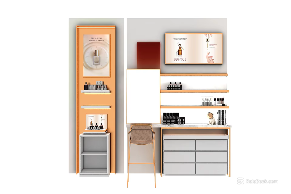 Modern Wooden Display Shelves With Multiple Layers Mirror Drawers And Cosmetics 3d model 