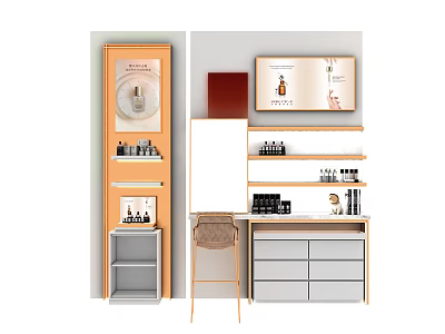 Modern Wooden Display Shelves With Multiple Layers Mirror Drawers And Cosmetics 3d model