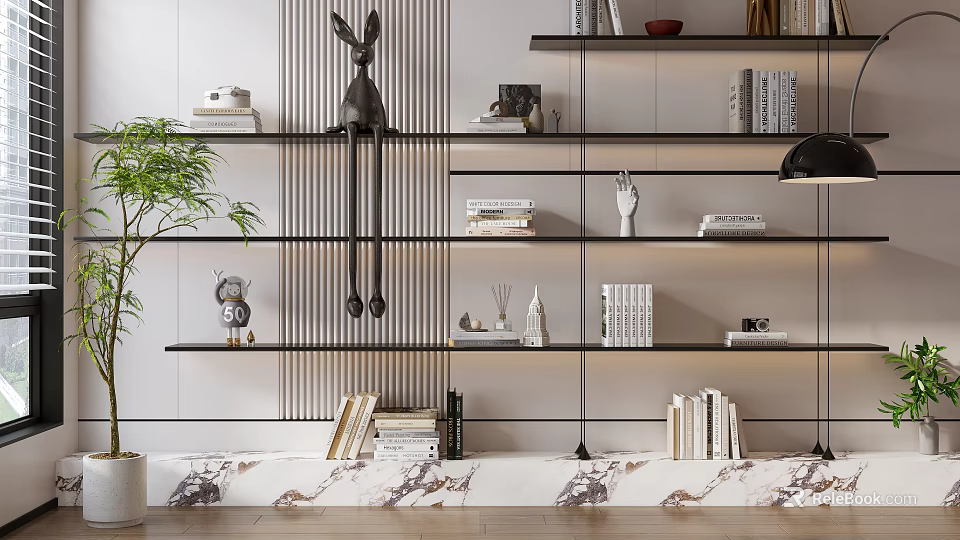 Modern Black Metal Multi tiered Bookshelf with Books Decorative Items Marble Floor and Green Plant 3d model 