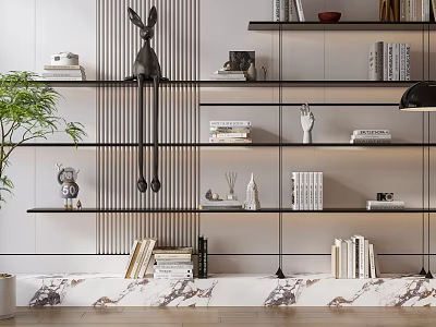 Modern Black Metal Multi tiered Bookshelf with Books Decorative Items Marble Floor and Green Plant 3d model