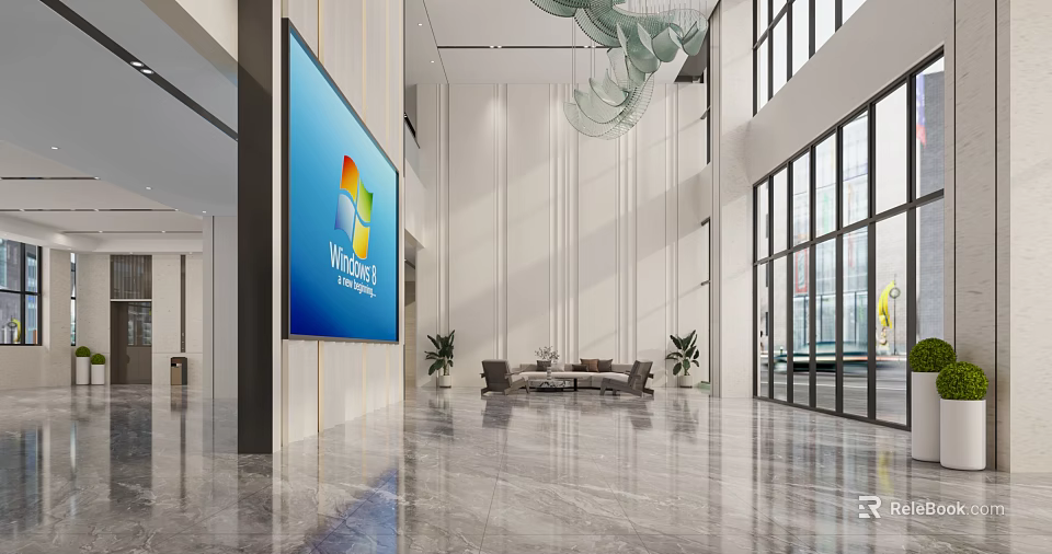 Modern Front Desk Reception Area With Large Screen Windows Logo Marble Flooring Sofa And Plants 3d model