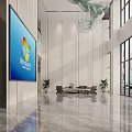 Modern Front Desk Reception Area With Large Screen Windows Logo Marble Flooring Sofa And Plants 3d model