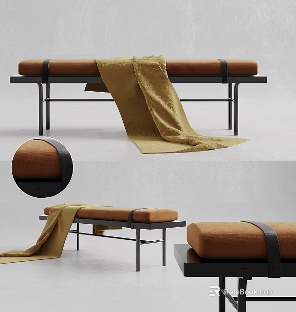 Brown Fabric Sofa Bench With Black Metal Frame And Yellow Throw Blanket 3d model 