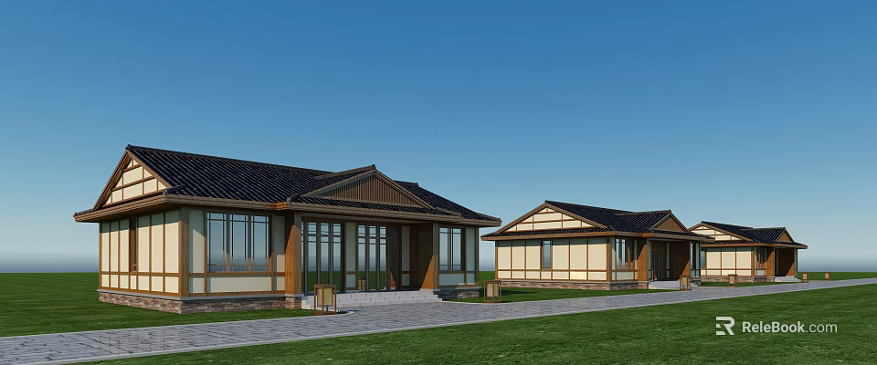 Modern Chinese Architecture With Traditional Roof Glass Windows Courtyard Stone Path And Grass 3d model 