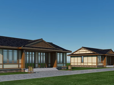 Modern Chinese Architecture With Traditional Roof Glass Windows Courtyard Stone Path And Grass 3d model