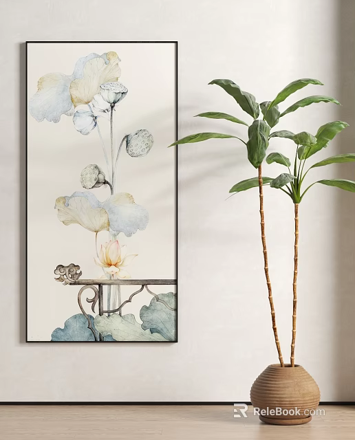 Elegant Lotus Ink Painting Hanging On Wall With Bamboo Stem Green Plant Decor 3d model 