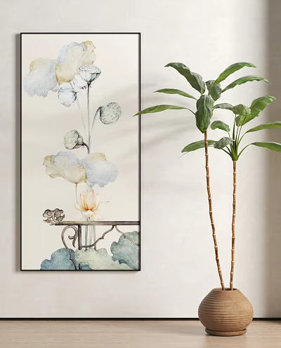 Elegant Lotus Ink Painting Hanging On Wall With Bamboo Stem Green Plant Decor 3d model