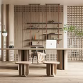 Modern Study Room With Wooden Wall Floating Shelves Long Desk Laptop Small Stools And Green Plant