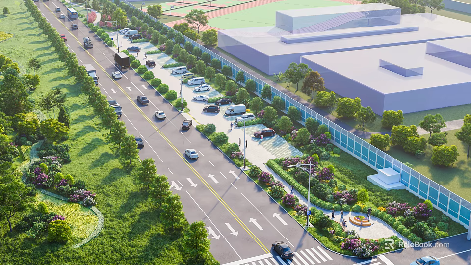 Urban Road Landscape With Vehicles Greenery Trees Sidewalks And Buildings 3d model 