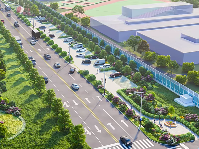 Urban Road Landscape With Vehicles Greenery Trees Sidewalks And Buildings 3d model