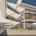 Modern Shopping Mall Atrium Interior Design With Wicker Chair Coffee Cup And Green Plants