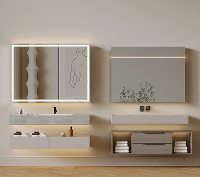 Modern Bathroom Cabinet With Lighted Mirror Marble Sink And Storage Drawers 3d model
