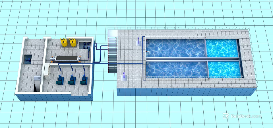 Industrial Equipment For Water Treatment With Yellow Tanks Piping System And Blue Water Processing Tank 3d model 