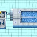 Industrial Equipment For Water Treatment With Yellow Tanks Piping System And Blue Water Processing Tank