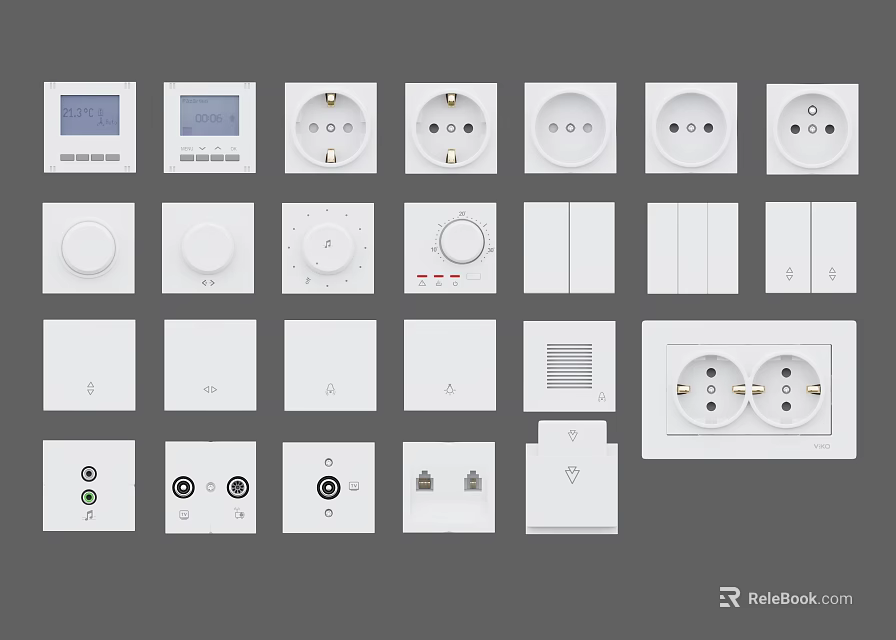 Various Types of Modern White Electrical Switch Panels with Sockets and Switches 3d model 