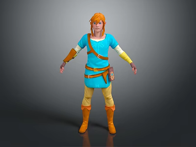 Game Character With Orange Hair Blue Tunic Yellow Sleeves Brown Belt And Orange Boots 3d model