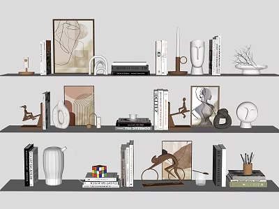 Elegant Decorative Ornament Combination on Shelves with Books Framed Art Sculptures and Vases 3d model