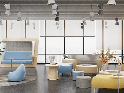 Modern Lounge Area With Colorful Furniture Hanging Lights And Large Windows 3d model