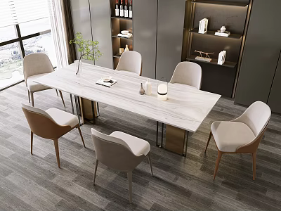 Modern Minimalist Dining Table Set With White Marble Top And Light Gray Wooden Leg Chairs 3d model