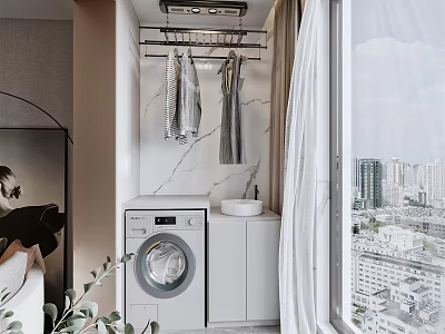 Home Balcony With Washing Machine Clothes Drying Rack Marble Wall And City View 3d model