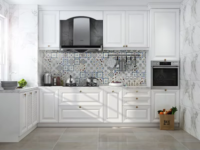 White Kitchen Cabinets With Colorful Tile Backsplash Modern Countertop And Sink 3d model