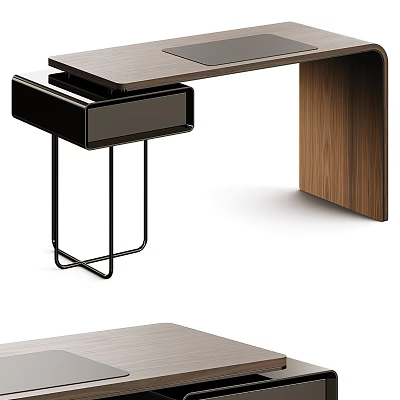 Modern Home Office Desk With Wooden Top And Black Metal Legs Storage Drawer 3d model