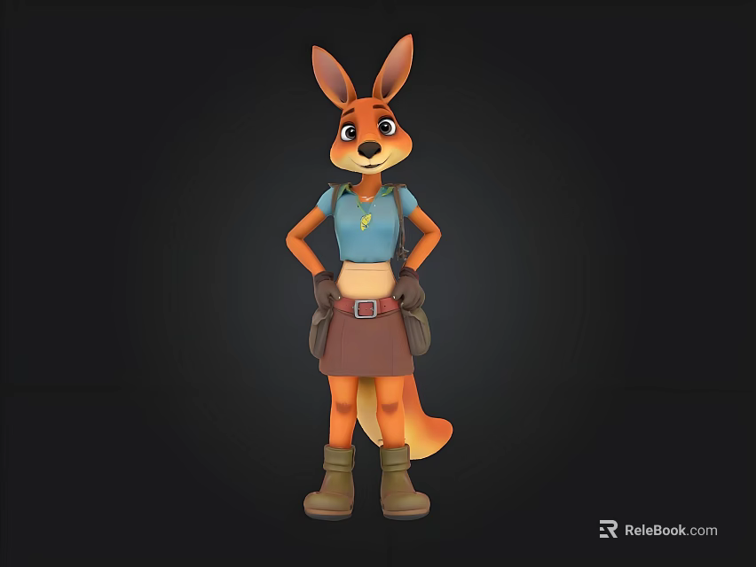 Cartoon Kangaroo Character in Blue Top Brown Skirt Boots with Hands on Hips Black Background 3d model 