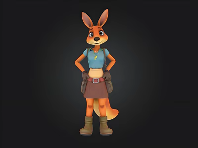 Cartoon Kangaroo Character in Blue Top Brown Skirt Boots with Hands on Hips Black Background 3d model