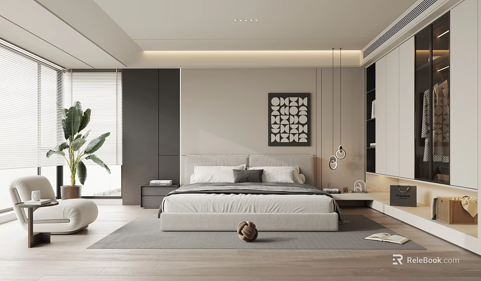 Modern Light Luxury Soft Upholstered Double Bed In Bright Cozy Minimalist Elegant Bedroom Interior Design 3d model 