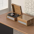 Retro Wooden Speaker And Record Player On Table With Window And Wall Pattern 3d model