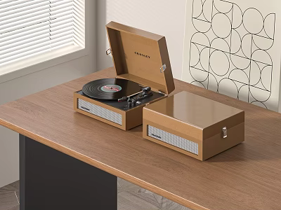 Retro Wooden Speaker And Record Player On Table With Window And Wall Pattern 3d model