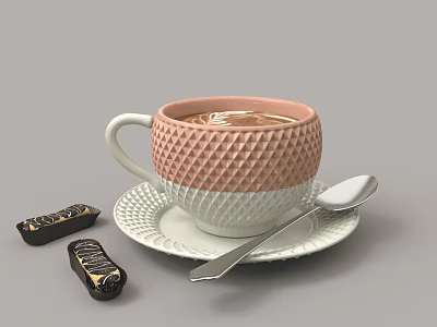 Pink White Diamond Pattern Tableware Set with Coffee Cup Saucer Spoon and Chocolate 3d model