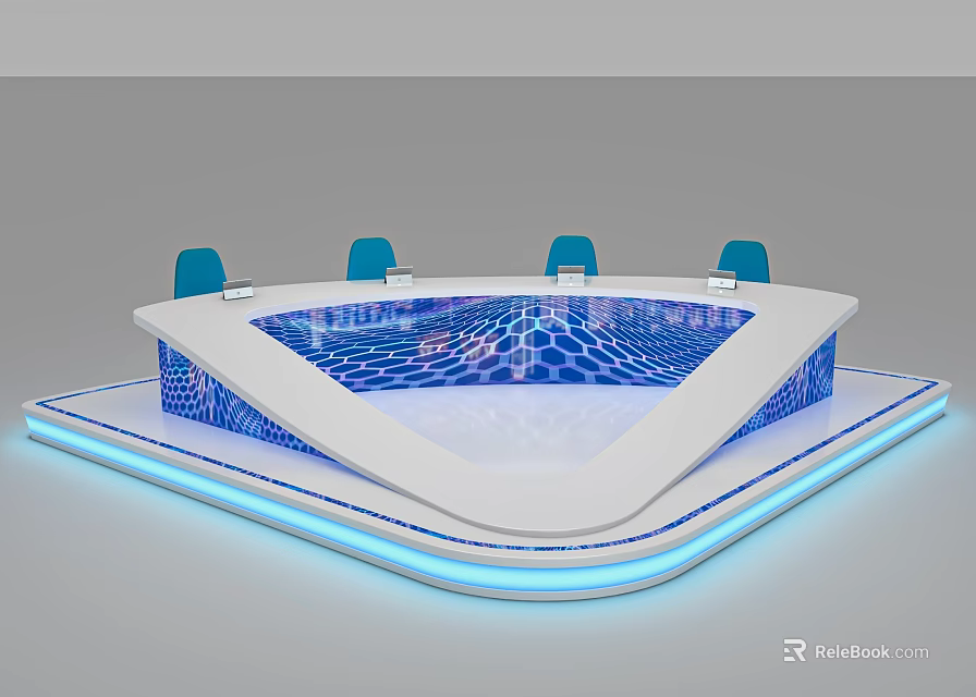 Modern Office Desk With Blue Wave Pattern Surface LED Lighting Base And Four Blue Chairs 3d model 