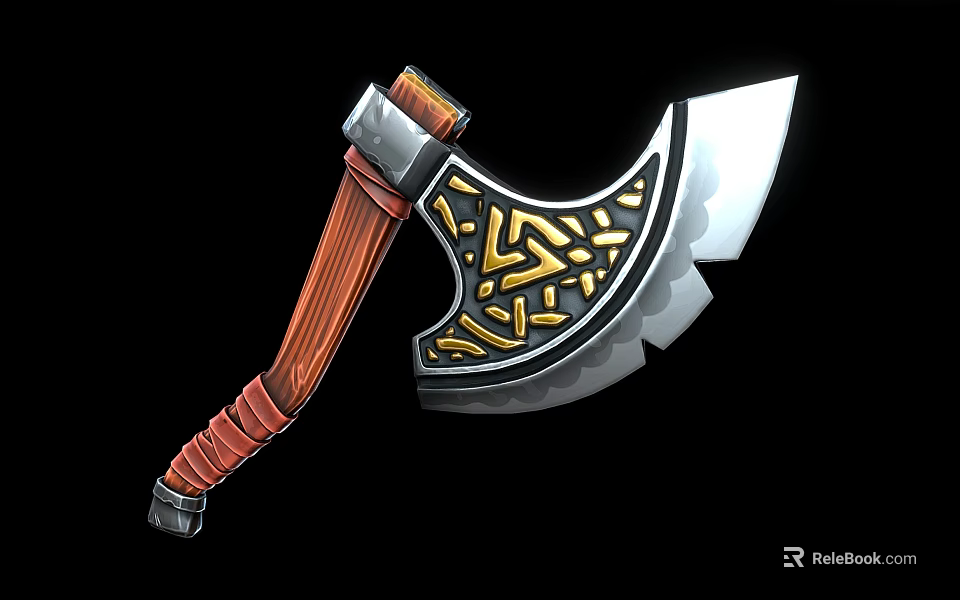 Intricately Designed Battle Axe With Wooden Handle Metal Blade And Golden Patterns 3d model 