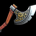 Intricately Designed Battle Axe With Wooden Handle Metal Blade And Golden Patterns