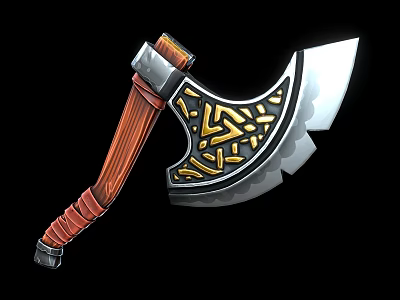 Intricately Designed Battle Axe With Wooden Handle Metal Blade And Golden Patterns 3d model