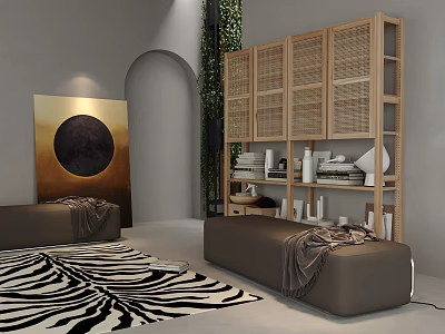 Modern Casual Area Interior With Brown Bench Zebra Pattern Rug Green Plants And Wooden Rattan Bookshelf 3d model
