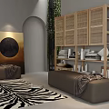 Modern Casual Area Interior With Brown Bench Zebra Pattern Rug Green Plants And Wooden Rattan Bookshelf