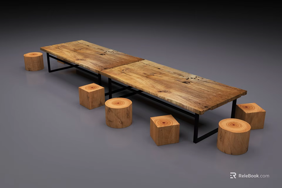 Rustic Joined Wooden Table With Black Metal Frame And Natural Stump Stools Set 3d model 